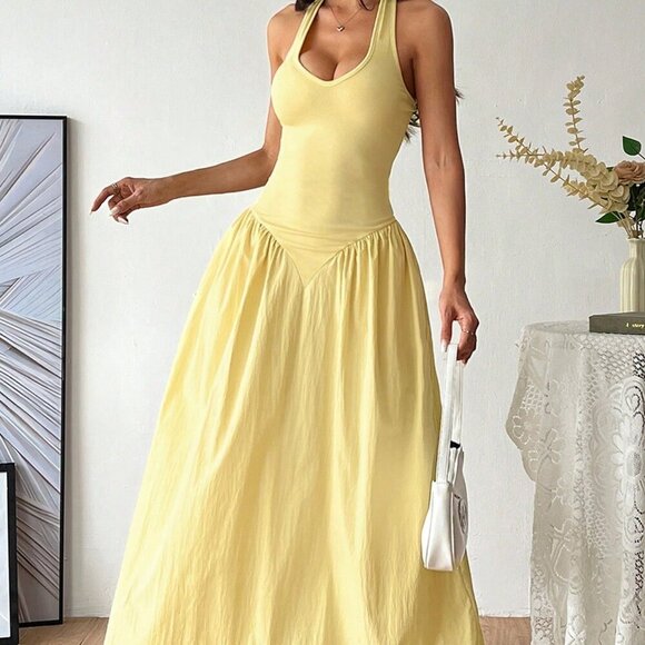 Yellow Casual Women's French Deep V-Neck Backless Tie Waist Pleated Maxi Dress - Picture 5 of 5